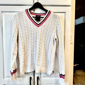 Polo Jean Ralph Lauren White V-Neck Sweater with Pink and Navy Trim. Size Medium